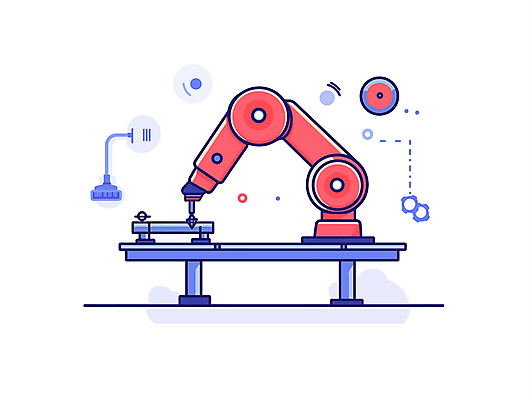 디자인 과학 일러스트 공장 기술 사람없음 빨간색 파란색 메카닉 로봇산업 로봇팔 자동화 작업대 국내일러스트 자동생산 기계공학 AI파일 산업 컬러 공업 생산 로봇 공학 파일형식 벡터