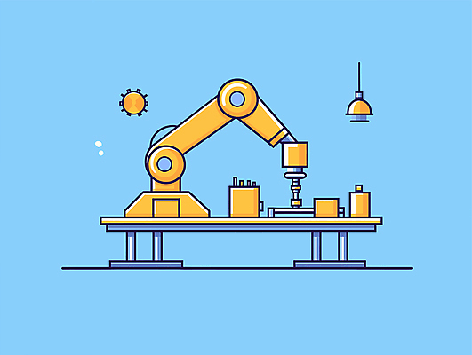 디자인 과학 하늘색 일러스트 공장 기술 사람없음 노란색 메카닉 로봇산업 로봇팔 자동화 작업대 국내일러스트 자동생산 기계공학 AI파일 산업 컬러 공업 파란색 생산 로봇 공학 파일형식 벡터
