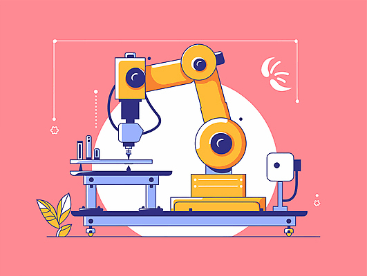 디자인 분홍색 과학 일러스트 공장 기술 사람없음 노란색 메카닉 로봇산업 로봇팔 자동화 작업대 국내일러스트 자동생산 기계공학 AI파일 산업 컬러 공업 생산 로봇 공학 파일형식 벡터