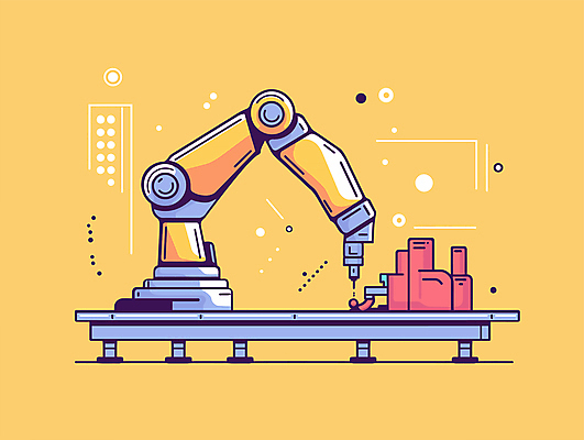 디자인 과학 일러스트 공장 기술 사람없음 노란색 메카닉 로봇산업 로봇팔 자동화 작업대 국내일러스트 자동생산 기계공학 AI파일 산업 컬러 공업 생산 로봇 공학 파일형식 벡터