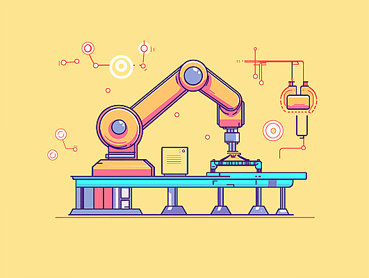 디자인 과학 일러스트 공장 기술 사람없음 노란색 메카닉 로봇산업 로봇팔 자동화 작업대 국내일러스트 자동생산 기계공학 AI파일 산업 컬러 공업 생산 로봇 공학 파일형식 벡터