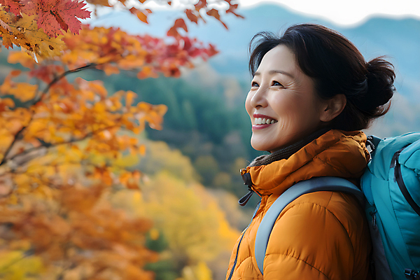 JPG 편집이미지 여자 중년 단풍 자연 단풍나무 산 한명 미소 옆모습 등산 트래킹 가을 등산복 디지털합성 의료성형뷰티 중년여자한명만 편집실사 AI인물포토 AI콘텐츠 나무 1 옷 계절 뷰포인트 잎 레저 표정 사람 성인 CG 생태계 여자한명만 중년여자만 파일형식 AI포토