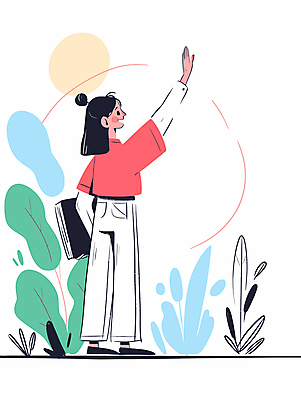 전신 여자 분홍색 잎 일러스트 한명 서기 웃음 들기 성인 책 손인사 손흔들기 성인여자한명만 국내일러스트 AI파일 식물 1 컬러 모션 표정 사람 인사 여자한명만 성인여자만 파일형식 벡터