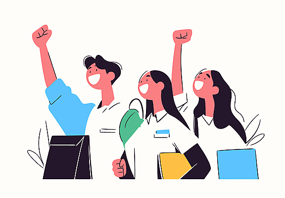 여자 남자 일러스트 비즈니스 협력 웃음 상반신 성인 세명 파란색 손들기 주먹 기쁨 우승 긍정 성인만 국내일러스트 AI파일 감정 컬러 컨셉 모션 표정 사람 최고 파일형식 벡터