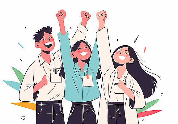 여자 남자 일러스트 비즈니스 협력 웃음 상반신 성인 세명 노란색 주먹 기쁨 만세 우승 긍정적 성인만 국내일러스트 AI파일 감정 컬러 모션 표정 사람 최고 파일형식 벡터