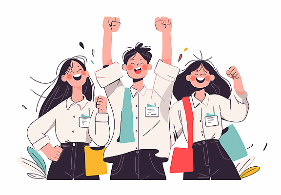여자 남자 일러스트 비즈니스 협력 웃음 상반신 성인 세명 파이팅 주먹 기쁨 만세 우승 긍정적 성인만 국내일러스트 AI파일 감정 모션 표정 사람 최고 파일형식 벡터