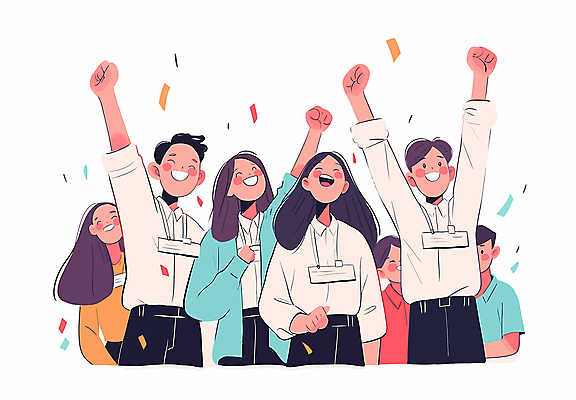 여자 남자 일러스트 비즈니스 협력 여러명 상반신 성인 주먹 기쁨 만세 우승 꽃가루 긍정적 성인만 국내일러스트 AI파일 감정 다수 모션 사람 최고 가루 파일형식 벡터
