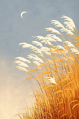 JPG 일러스트 자연 갈대 풍경 사람없음 갈색 가을 초승달 갈대밭 국내일러스트 AI일러스트 AI콘텐츠 식물 계절 컬러 달 생태계 파일형식 갈대_식물