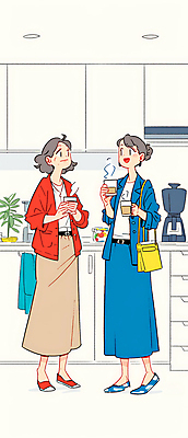 JPG 전신 여자 커피 일러스트 실내 따뜻함 대화 미소 웃음 들기 성인 두명 일상 친구 우정 베이지색 소문 성인여자만 국내일러스트 AI일러스트 AI콘텐츠 음료 컬러 관계 모션 표정 말하기 사람 내부 라이프 여자만 성인만 파일형식