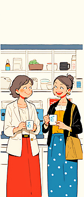 JPG 전신 여자 커피 일러스트 실내 따뜻함 대화 미소 웃음 들기 성인 두명 일상 친구 우정 머그컵 베이지색 소문 성인여자만 국내일러스트 AI일러스트 AI콘텐츠 음료 컬러 관계 모션 표정 말하기 사람 내부 라이프 컵 여자만 성인만 파일형식