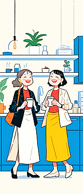 JPG 전신 여자 커피 일러스트 실내 따뜻함 대화 미소 웃음 들기 성인 두명 일상 친구 우정 베이지색 소문 성인여자만 국내일러스트 AI일러스트 AI콘텐츠 음료 컬러 관계 모션 표정 말하기 사람 내부 라이프 여자만 성인만 파일형식