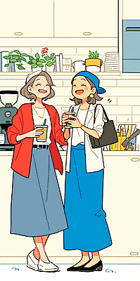 JPG 전신 여자 커피 일러스트 실내 따뜻함 대화 미소 웃음 들기 성인 두명 일상 친구 우정 베이지색 소문 성인여자만 국내일러스트 AI일러스트 AI콘텐츠 음료 컬러 관계 모션 표정 말하기 사람 내부 라이프 여자만 성인만 파일형식