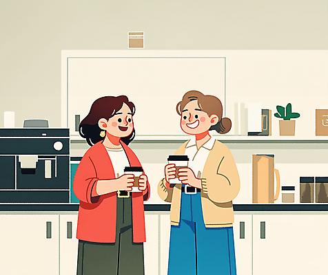 JPG 전신 여자 커피 일러스트 실내 따뜻함 대화 미소 웃음 들기 성인 두명 일상 친구 우정 베이지색 소문 성인여자만 국내일러스트 AI일러스트 AI콘텐츠 음료 컬러 관계 모션 표정 말하기 사람 내부 라이프 여자만 성인만 파일형식