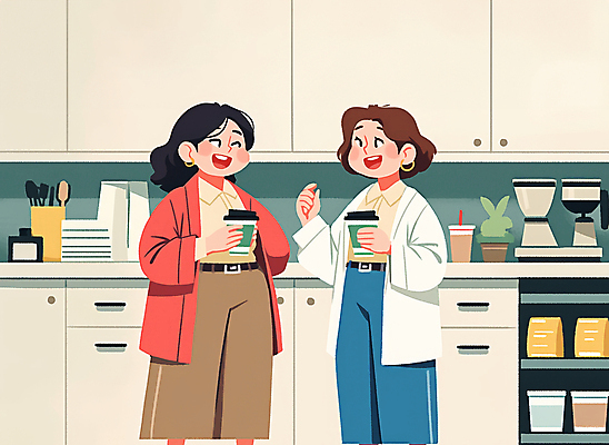 JPG 전신 여자 커피 일러스트 실내 따뜻함 대화 미소 웃음 들기 성인 두명 일상 친구 우정 베이지색 소문 성인여자만 국내일러스트 AI일러스트 AI콘텐츠 음료 컬러 관계 모션 표정 말하기 사람 내부 라이프 여자만 성인만 파일형식