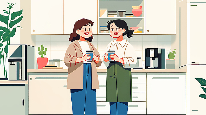 JPG 전신 식물 여자 커피 일러스트 실내 따뜻함 대화 미소 웃음 들기 성인 두명 일상 친구 주방 우정 베이지색 소문 성인여자만 국내일러스트 AI일러스트 AI콘텐츠 음료 컬러 관계 모션 표정 말하기 사람 내부 라이프 여자만 성인만 파일형식