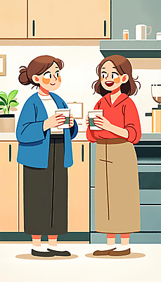 JPG 전신 여자 커피 일러스트 실내 따뜻함 대화 미소 웃음 들기 성인 두명 일상 친구 우정 베이지색 소문 성인여자만 국내일러스트 AI일러스트 AI콘텐츠 음료 컬러 관계 모션 표정 말하기 사람 내부 라이프 여자만 성인만 파일형식