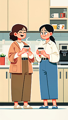 JPG 전신 여자 커피 일러스트 실내 따뜻함 대화 미소 웃음 들기 성인 두명 일상 친구 우정 베이지색 소문 성인여자만 국내일러스트 AI일러스트 AI콘텐츠 음료 컬러 관계 모션 표정 말하기 사람 내부 라이프 여자만 성인만 파일형식