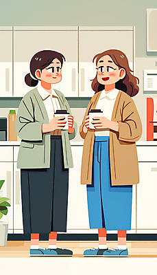 JPG 전신 여자 커피 일러스트 실내 따뜻함 대화 미소 웃음 들기 성인 두명 일상 친구 우정 베이지색 소문 성인여자만 국내일러스트 AI일러스트 AI콘텐츠 음료 컬러 관계 모션 표정 말하기 사람 내부 라이프 여자만 성인만 파일형식