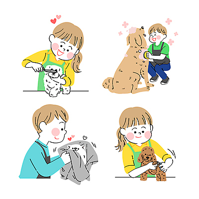 여자 남자 반려견 일러스트 여러명 성인 강아지 애견용품 애견미용 애견미용사 성인만 국내일러스트 반려용품 AI파일 다수 사람 반려동물 뷰티 개 미용사 오브젝트 파일형식 벡터