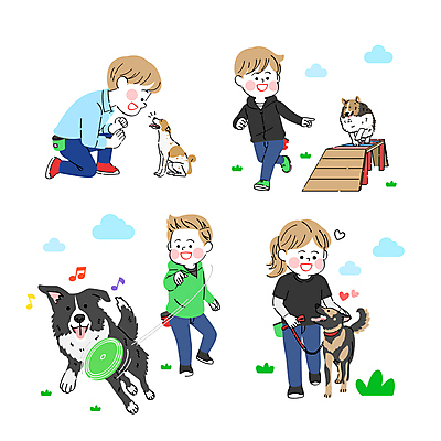 전신 여자 남자 반려견 일러스트 여러명 성인 장난감 강아지 애견용품 성인만 애견훈련 국내일러스트 반려용품 AI파일 다수 사람 반려동물 개 연습 오브젝트 파일형식 벡터