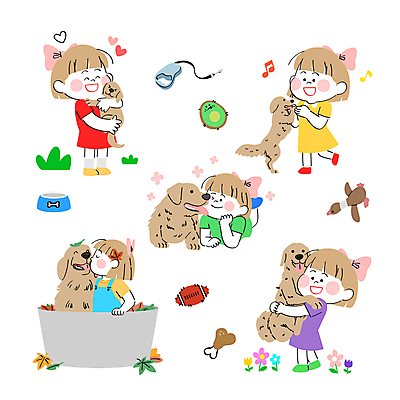 전신 여자 반려견 어린이 일러스트 안기 소녀 여러명 장난감 강아지 애견용품 목줄 개밥그릇 소녀만 국내일러스트 AI파일 그릇 다수 모션 사람 반려동물 개 여자만 어린이만 파일형식 벡터 반려용품