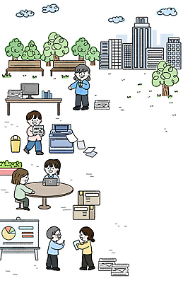 전신 PSD 나무 구름 여자 남자 종이 중년 벤치 일러스트 탁자 회의 협력 알림판 서기 빌딩 잔디 여러명 성인 컴퓨터 상자 운반 인쇄기 문서 아메리카노 아이스아메리카노 국내일러스트 자연요소 식물 커피 가구 다수 의자 비즈니스 모션 사람 건물 전자제품 아이스커피 파일형식