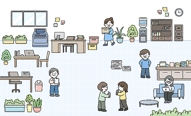 전신 PSD 여자 남자 화분 종이 중년 일러스트 창문 탁자 회의 협력 책장 앉기 여러명 성인 소파 사무실 쓰레기통 운반 국내일러스트 가구 다수 의자 비즈니스 모션 사람 파일형식