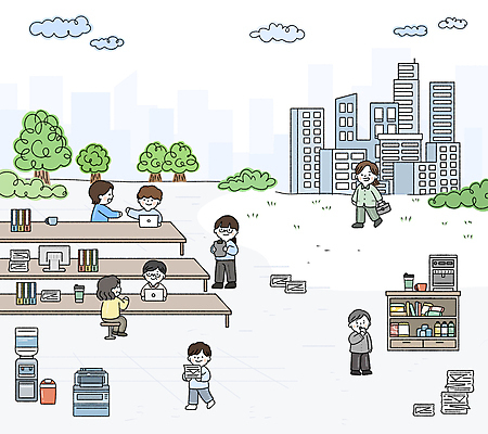 전신 PSD 나무 구름 여자 남자 종이 중년 일러스트 탁자 회의 협력 서기 들기 빌딩 잔디 여러명 성인 쓰레기통 인쇄기 출근 정수기 국내일러스트 자연요소 식물 가구 다수 비즈니스 모션 사람 건물 전자제품 출퇴근 파일형식