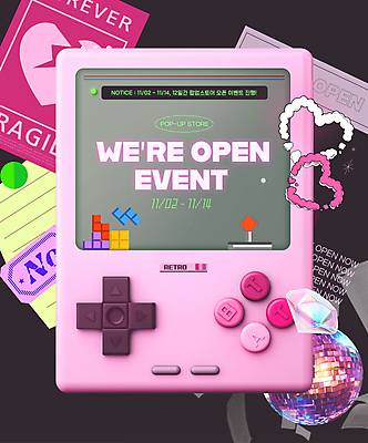 템플릿 배너 분홍색 스티커 팝업 이벤트 사람없음 3D 하트 메모지 오픈 게임기 다이아몬드 미러볼 조이스틱 테트리스 팝업스토어 키치 Y2K 이미지템플릿 AI파일 모양 컬러 컨셉 장식 상점 사무용품 게임 보석 디지털합성 파일형식 벡터