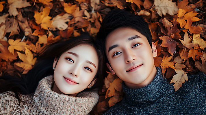 JPG 편집이미지 커플 여자 남자 여행 단풍 데이트 미소 상반신 성인 두명 앞모습 눕기 사진촬영 촬영 가을 디지털합성 연애 의료성형뷰티 성인만 편집실사 AI인물포토 AI콘텐츠 계절 뷰포인트 잎 관계 모션 표정 사람 CG 파일형식 AI포토