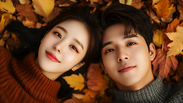 JPG 편집이미지 커플 여자 남자 여행 단풍 데이트 미소 상반신 성인 두명 앞모습 눕기 사진촬영 촬영 가을 디지털합성 연애 의료성형뷰티 성인만 편집실사 AI인물포토 AI콘텐츠 계절 뷰포인트 잎 관계 모션 표정 사람 CG 파일형식 AI포토