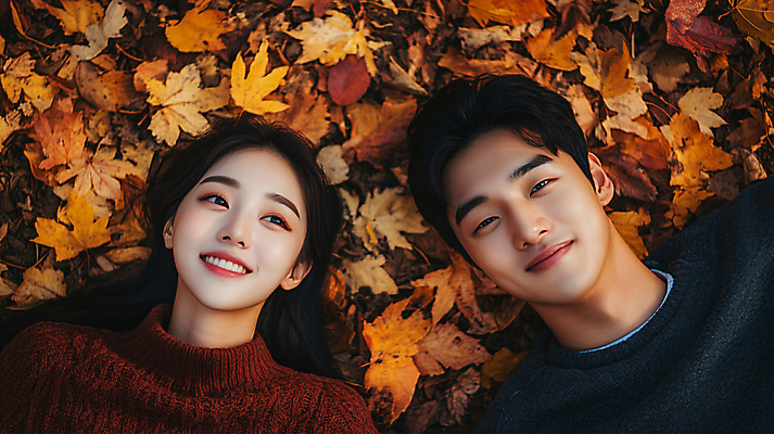 JPG 편집이미지 커플 여자 남자 여행 단풍 데이트 미소 상반신 성인 두명 앞모습 눕기 사진촬영 촬영 가을 디지털합성 연애 의료성형뷰티 성인만 편집실사 AI인물포토 AI콘텐츠 계절 뷰포인트 잎 관계 모션 표정 사람 CG 파일형식 AI포토