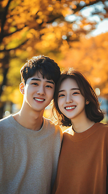 JPG 편집이미지 커플 여자 남자 여행 단풍 데이트 미소 상반신 성인 두명 앞모습 사진촬영 촬영 가을 디지털합성 연애 의료성형뷰티 성인만 얼굴맞대기 편집실사 AI인물포토 AI콘텐츠 계절 뷰포인트 잎 관계 모션 표정 사람 CG 파일형식 AI포토
