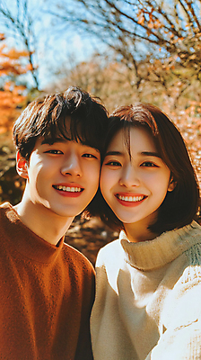 JPG 편집이미지 커플 여자 남자 여행 단풍 데이트 미소 상반신 성인 두명 앞모습 사진촬영 촬영 가을 디지털합성 연애 의료성형뷰티 성인만 얼굴맞대기 편집실사 AI인물포토 AI콘텐츠 계절 뷰포인트 잎 관계 모션 표정 사람 CG 파일형식 AI포토