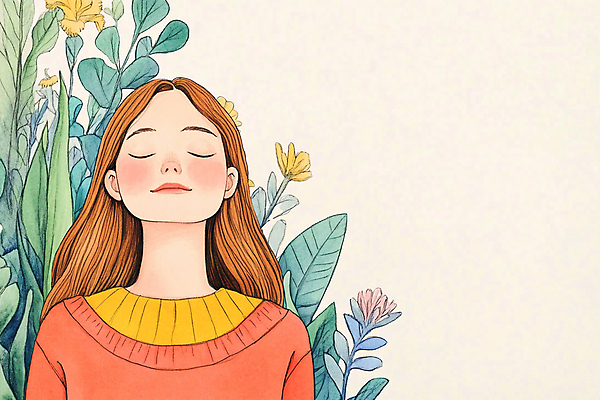PSD 여자 꽃 잎 일러스트 수채화 한명 상반신 성인 눈감음 명상 고개들기 성인여자한명만 국내일러스트 식물 1 모션 사람 여자한명만 성인여자만 파일형식