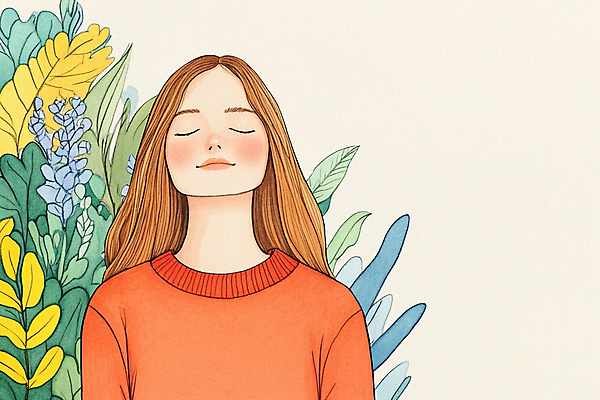 PSD 여자 꽃 잎 일러스트 수채화 한명 상반신 성인 눈감음 명상 고개들기 성인여자한명만 국내일러스트 식물 1 모션 사람 여자한명만 성인여자만 파일형식