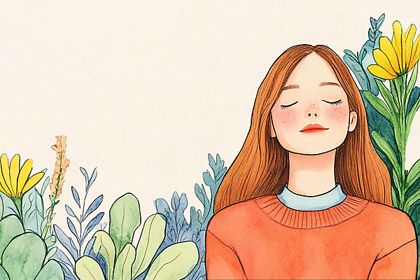 PSD 여자 꽃 잎 일러스트 수채화 한명 상반신 성인 눈감음 명상 고개들기 성인여자한명만 국내일러스트 식물 1 모션 사람 여자한명만 성인여자만 파일형식