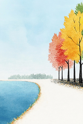 JPG 길 호수 단풍 일러스트 자연 단풍나무 수채화 사람없음 산책 가을 국내일러스트 AI일러스트 AI콘텐츠 나무 계절 잎 휴식 생태계 파일형식