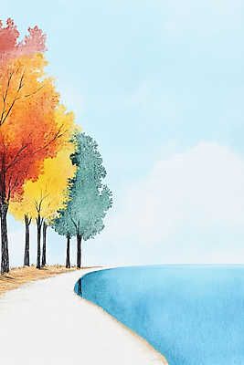 JPG 길 호수 단풍 일러스트 자연 단풍나무 수채화 사람없음 반사 산책 가을 국내일러스트 AI일러스트 AI콘텐츠 나무 계절 잎 휴식 생태계 파일형식