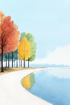 JPG 길 호수 단풍 일러스트 자연 단풍나무 수채화 사람없음 반사 산책 가을 국내일러스트 AI일러스트 AI콘텐츠 나무 계절 잎 휴식 생태계 파일형식