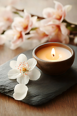 JPG 편집이미지 꽃잎 사람없음 아웃포커스 스파 오브젝트 아로마 향초 아로마테라피 꽃가지 돌판 편집실사 AI포토 AI콘텐츠 꽃 초 촬영기법 돌_바위 나뭇가지 CG 테라피 파일형식