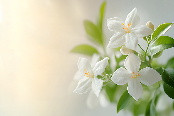 JPG 편집이미지 잎 꽃백그라운드 사람없음 아웃포커스 초록색 햇빛 흰색 꽃봉오리 세송이 재스민 화이트자스민 편집실사 AI포토 AI콘텐츠 식물 꽃 컬러 백그라운드 촬영기법 3 태양 CG 파일형식