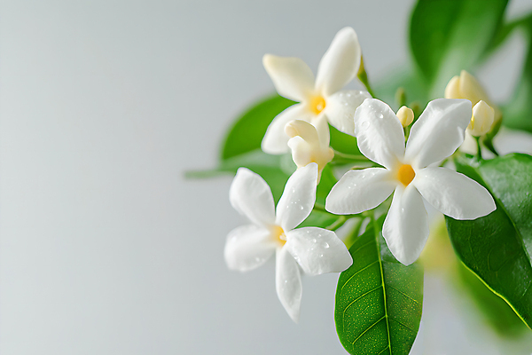 JPG 편집이미지 잎 꽃백그라운드 사람없음 아웃포커스 초록색 흰색 꽃봉오리 세송이 재스민 화이트자스민 편집실사 AI포토 AI콘텐츠 식물 꽃 컬러 백그라운드 촬영기법 3 CG 파일형식