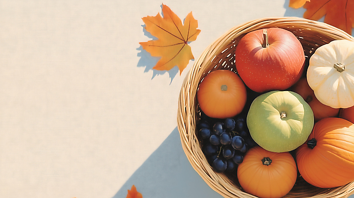 JPG 기독교 단풍 낙엽 일러스트 호박 포도 나뭇잎 그림자 사람없음 하이앵글 바구니 수확 가을 사과 추수감사절 국내일러스트 AI일러스트 AI콘텐츠 계절 종교 뷰포인트 잎 농업 채소 과일 파일형식