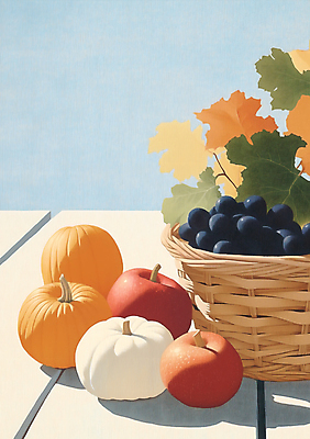 JPG 기독교 단풍 낙엽 일러스트 호박 포도 나뭇잎 그림자 사람없음 바구니 수확 가을 사과 추수감사절 국내일러스트 AI일러스트 AI콘텐츠 계절 종교 잎 농업 채소 과일 파일형식