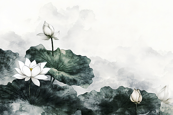 JPG 불교 일러스트 자연 연꽃 사람없음 초록색 동양화 연잎 국내일러스트 AI일러스트 AI콘텐츠 꽃 종교 컬러 잎 미술 생태계 파일형식