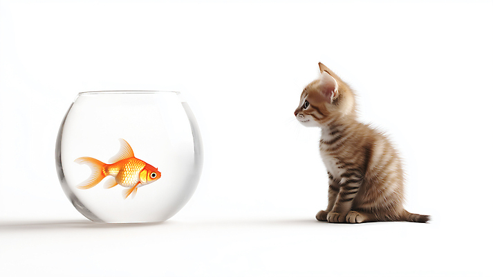 JPG 편집이미지 사람없음 마주보기 고양이 어항 금붕어 편집실사 AI포토 AI콘텐츠 포유류 모션 어류 반려동물 CG 파일형식