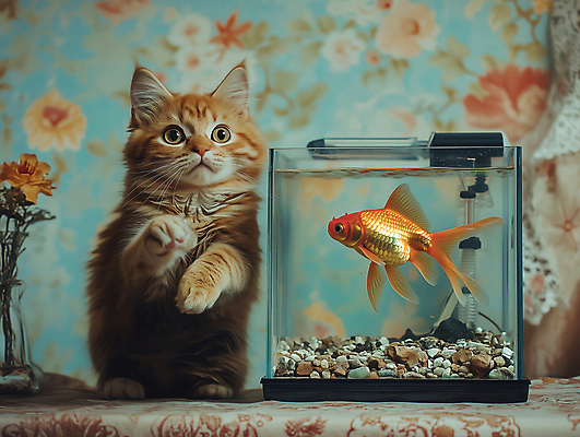 JPG 편집이미지 꽃무늬 실내 사람없음 고양이 어항 금붕어 편집실사 AI포토 AI콘텐츠 꽃 무늬 포유류 어류 내부 반려동물 CG 파일형식