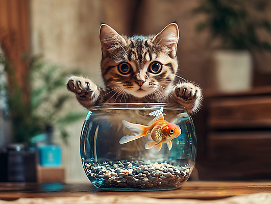 JPG 편집이미지 실내 사람없음 고양이 잡기 어항 금붕어 편집실사 AI포토 AI콘텐츠 포유류 모션 어류 내부 반려동물 CG 파일형식