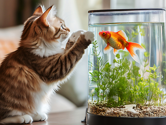 JPG 편집이미지 실내 사람없음 마주보기 고양이 수중식물 어항 금붕어 앞발 앞발든 편집실사 AI포토 AI콘텐츠 식물 포유류 모션 어류 내부 반려동물 CG 파일형식